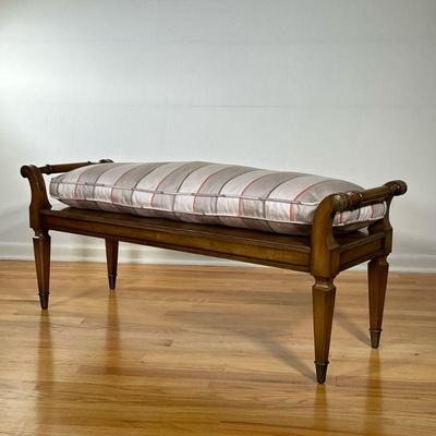 KAMED WOODEN WINDOW BENCH | Beautifully carved wooden bench with striped pillow topping. - l. 47 x w. 15.25 x h. 19.5 in 