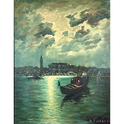 AGOSTINO VINCENZI (20TH CENTURY) | Nights in Venice. Oil on canvas. 20in x 16 in . stretcher. Showing a cloudy nighttime scene of Venice...