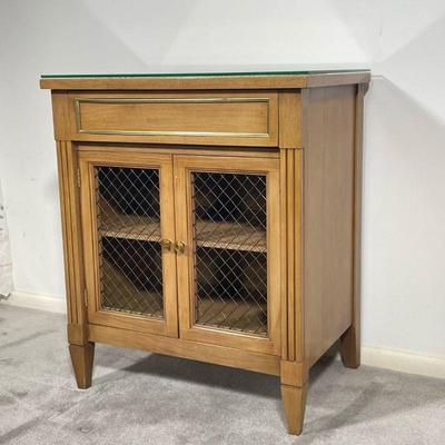 NATIONAL FURNITURE SIDE TABLE | Small side table with small top drawer and meshed panned doored shelves. - l. 22 x w. 15.75 x h. 26 in 