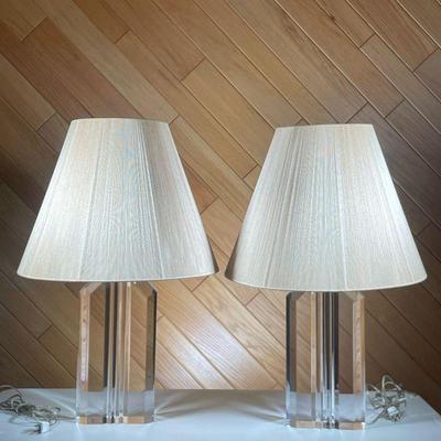 (2PC) PAIR MID CENTURY ACRYLIC LAMPS | Art deco or mid-century form acrylic lamps. - h. 30 x dia. 20 in (over shade) 