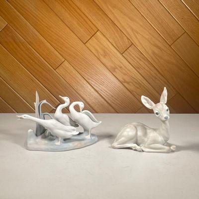 (2PC) LLADRO ANIMAL FIGURINES | Small hand made fawn and geese figurines. - l. 9.5 x w. 5 x h. 6 in 