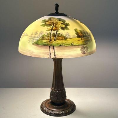 HANDEL STYLE PAINTED GLASS LAMP | Painted glass lamp depicting beautiful nature scene atop painted brass base. - h. 23.5 x dia. 16 in 