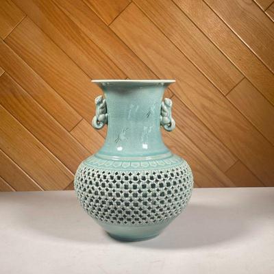 DOUBLE-WALLED JAPANESE VASE | Light blue glazed vase with squirrel handles, small painted doves, and intricately made double walled vase...