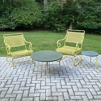 (4PC) PATIO SIDE TABLE AND CHAIRS | Includes: 2 yellow aluminum patio chairs - one being a rocker, small round side table and larger...