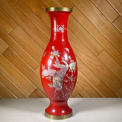KOREAN APPLIQUÃ‰ ENAMEL METAL VASE | Of large size; red enameling with mother of pearl applied decoration. - h. 22.5 x dia. 8 in 