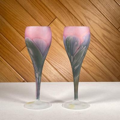 (2PC) ART GLASS CHAMPAGNE FLUTES | Colorful blown frosted glass flutes, no apparent signature. - h. 8 x dia. 2.5 in 