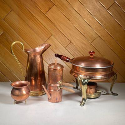 LARGE COPPER LOT | Includes; large copper and brass pitcher, small copper cauldron, small copper coffee pot , and copper and brass pan...