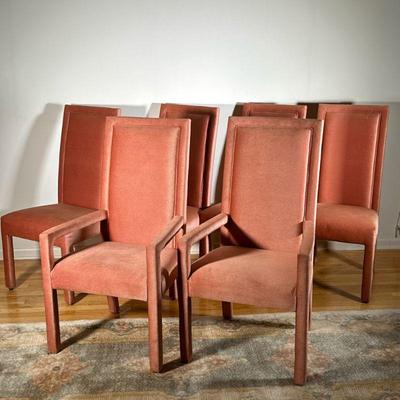 (6PC) SALMON PINK DINING CHAIR SET | Includes; 2 armchairs and 4 dining chairs completely upholstered in soft salmon pink fabric. - l. 23...