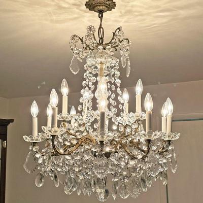 19TH CENTURY 15 LIGHT DROP CRYSTAL CHANDELIER | Originally held candles, chandelier has been electrified, baccarat style drops. - h. 34 x...