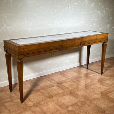 KAMED MARBLE INLAID BREAKFRONT | Gorgeous wooden carved table with an marble inlaid top . - l. 60 x w. 15 x h. 27.5 in 