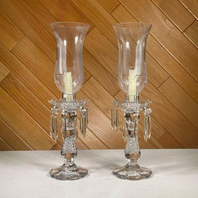 (2PC) PAIR CUT CRYSTAL MANTLE LUSTRES | Pair of mantel lustres including etched Reed decoration with drop crystal border. - h. 17.75 x...