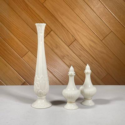 (3PC) LENOX CREAM & GILT CERAMICS | Includes; salt and pepper shakers with gilt accents, and tall bud vase with leaf decoration. - h....