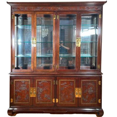 DREXEL HERITAGE CHINESE STYLE CABINET | Long carved wood panel depicting life scenes atop 4 glass door cabinet with three glass shelves...
