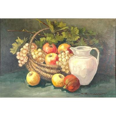 20TH CENTURY STILL LIFE | fall harvest. Oil on canvas. 19.5in x 27 in. stretcher. Showing basket of fruits and water pitcher. Signed...