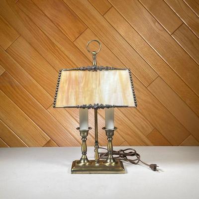 SLAG GLASS LAMP | Rectangular slap glass lamp with 2 candlestick lights and floral border around lampshade. - l. 10.25 x w. 5.5 x h. 17 in 