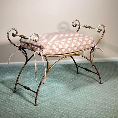 WROUGHT IRON WINDOW BENCH | With pink rhombus cushion and brass handles. - l. 32 x w. 16 x h. 22.5 in 