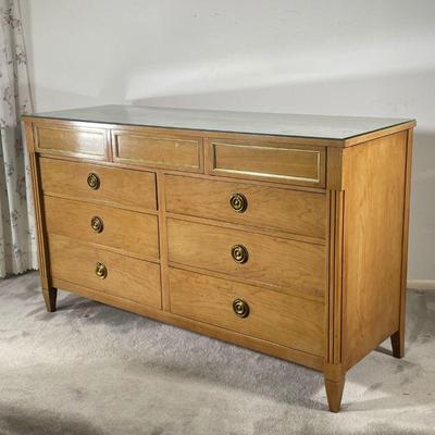 NATIONAL FURNITURE DRESSER | Modern wooden dresser with 6 side-by-side drawers and 3 small top drawers. - l. 58 x w. 20 x h. 33.5 in 