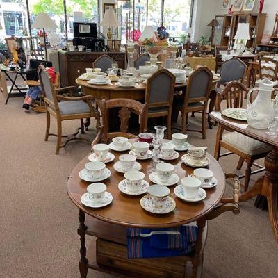 Furniture including tea cart, dining tables, rocking chairs