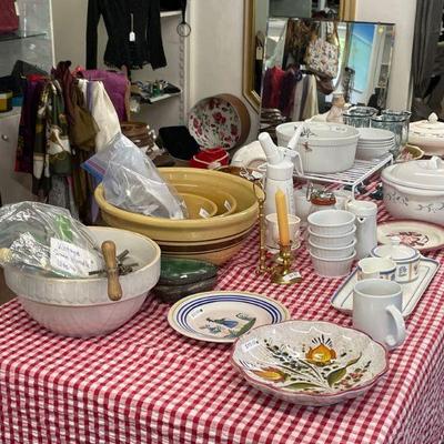 Assorted kitchen dishes, small appliances, and entertainment ware