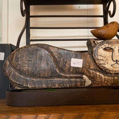 Wrought Iron Shelf and Hand Carved Wooden Cat