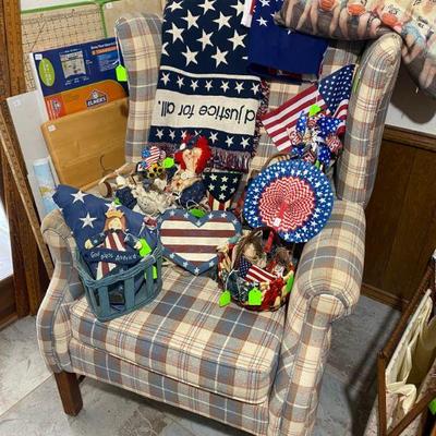 Red, White, Blue Celebration items and Wingback Covered Chair
