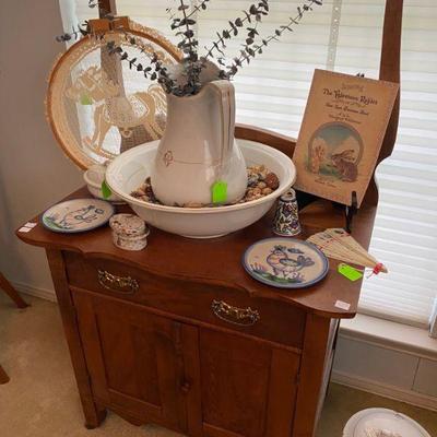 Antique Oak Wash Stand with Ironstone pitcher and wash basin