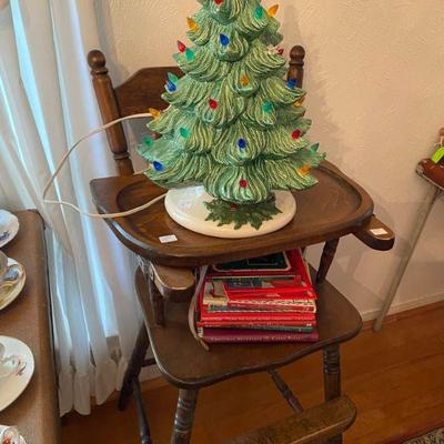 Vintage Ceramic Christmas Tree that lights up AND Vintage Wooden Highchair
