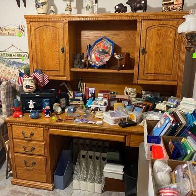 Oak Office Desk loaded with Office Supplies and other collectibles