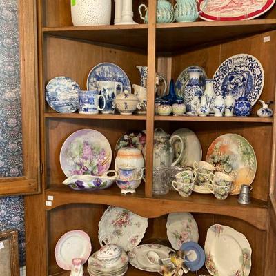 Antique Corner Cabinet full of China from England, Japan, USA, Scotland