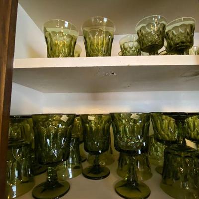 1970s Anchor Hocking Fairfield Avocado Green Vintage Stemware, Colonial Green and Clear Stemware