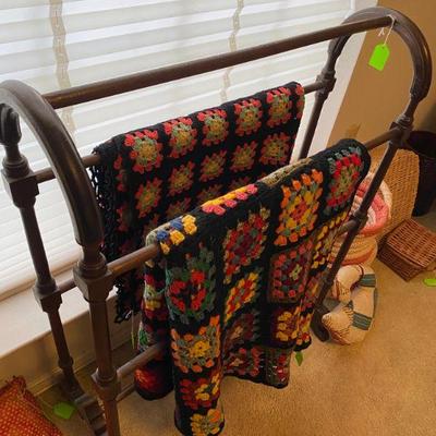 Antique Quilt Rack and Vintage Crochet Blankets