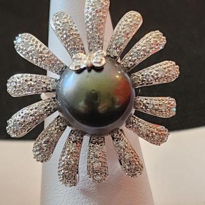 14.8mm Tahitian Black Pearl w 1 carat of Diamonds Set in 18 k White Gold