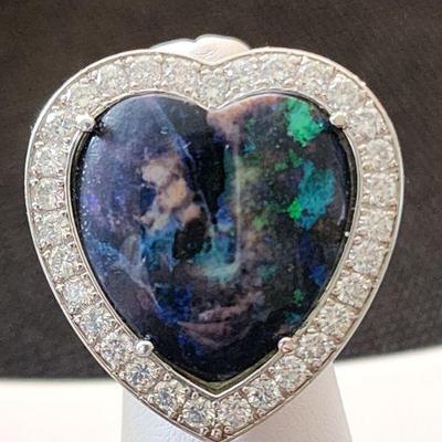 Huge Black Opal Ring w 3 carats of Diamonds Set in 18 k White Gold