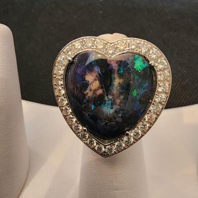 Huge Black Opal Ring w 3 carats of Diamonds Set in 18 k White Gold