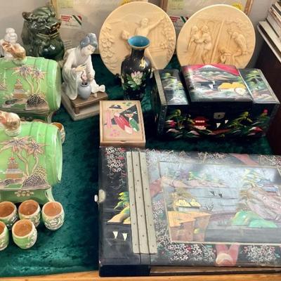 Asian scrapbook/music box -works!  Asian jewelry box - beautiful!  Lladro Asian woman, Sake barrels & cups. CloisonnÃ© vase....