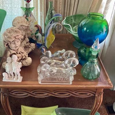 Horse bookends. Glass Clown decanter. Glass roosters.