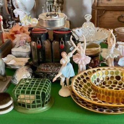 Ballerina figurines. Flower frogs. Metal Ashtrays.