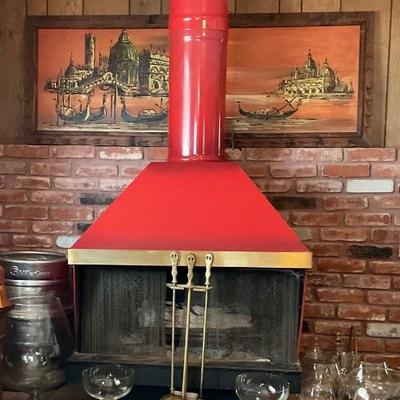 MCM Wall art.  Brandy snifters - all sizes.  Glass bowl etc. Brass Fireplace accessories. (*Fireplace not for sale)