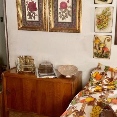 MCM stereo cabinet, glass set & bowl.