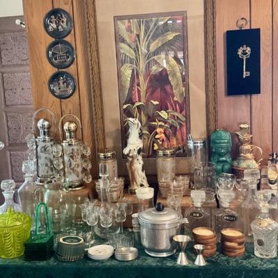 Various bar ware - decanters & glass sets. Coasters. Ice buckets.