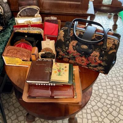 Vintage purses, wallets, address books & diary.
