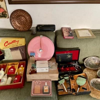 Vintage hair dryer, dolce & gabbana cologne, Chanel powder, vintage massager & heating pad. Old Spice. Musk.