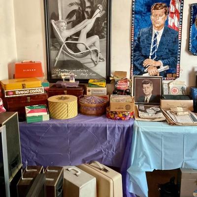 Marilyn Monroe print, JFK tapestries   & memorabilia. Sewing machines & caddies.