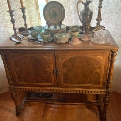 C.1920 diminutive buffet, antique candlesticks and Spode 