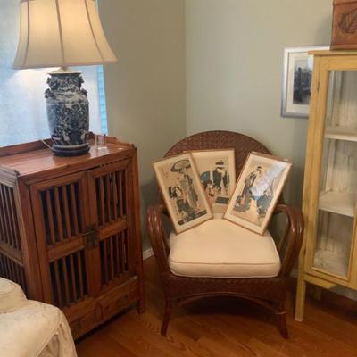 Japanese prints, lamp and cupboard