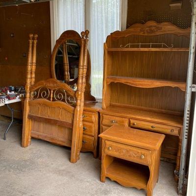 Oak Bedroom Furniture. 3 Drawer Dresser & Oval Mirror, 4 Drawer Desk w/Bookcase, Single Drawer Nightstand & Single Wood Bed w/high Post &...