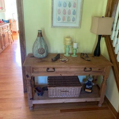 Primitive all-Natural Single Drawer Table with assorted items
