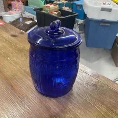 Blue glass peanut jar