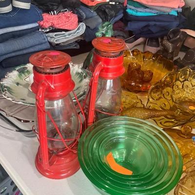 
Vintage red lanterns and green depression glass mixing bowl set