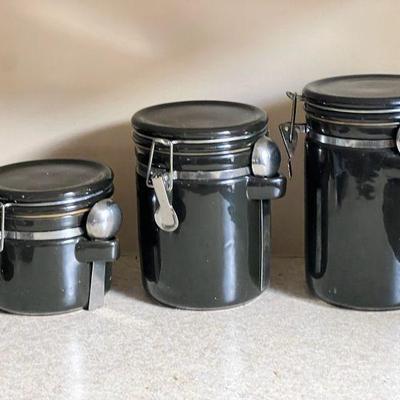Set of Three Kitchen Countertop Containers with Measuring Spoons